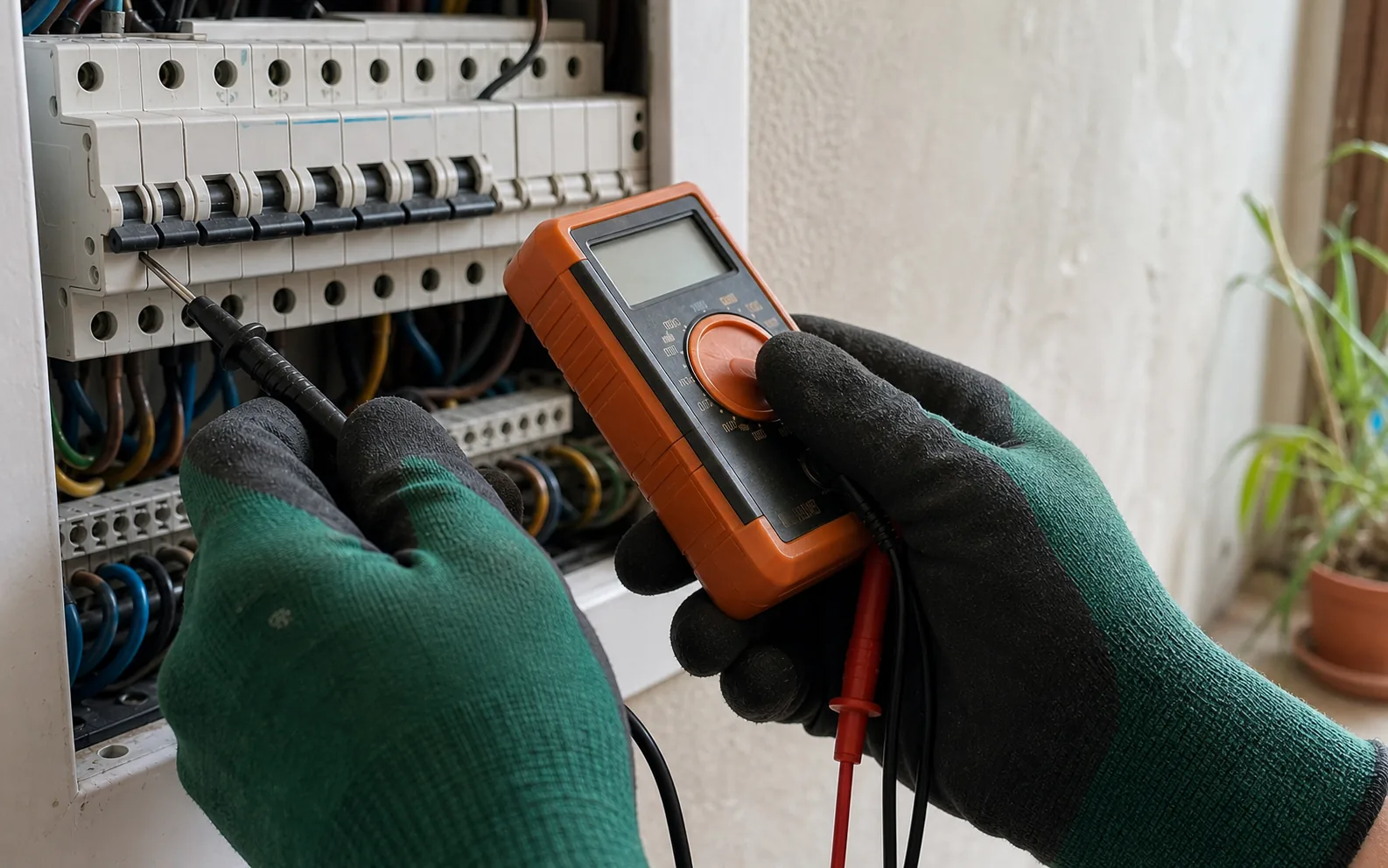 Comprobación con guantes de un cuadro eléctrico usando instrumentos de medida