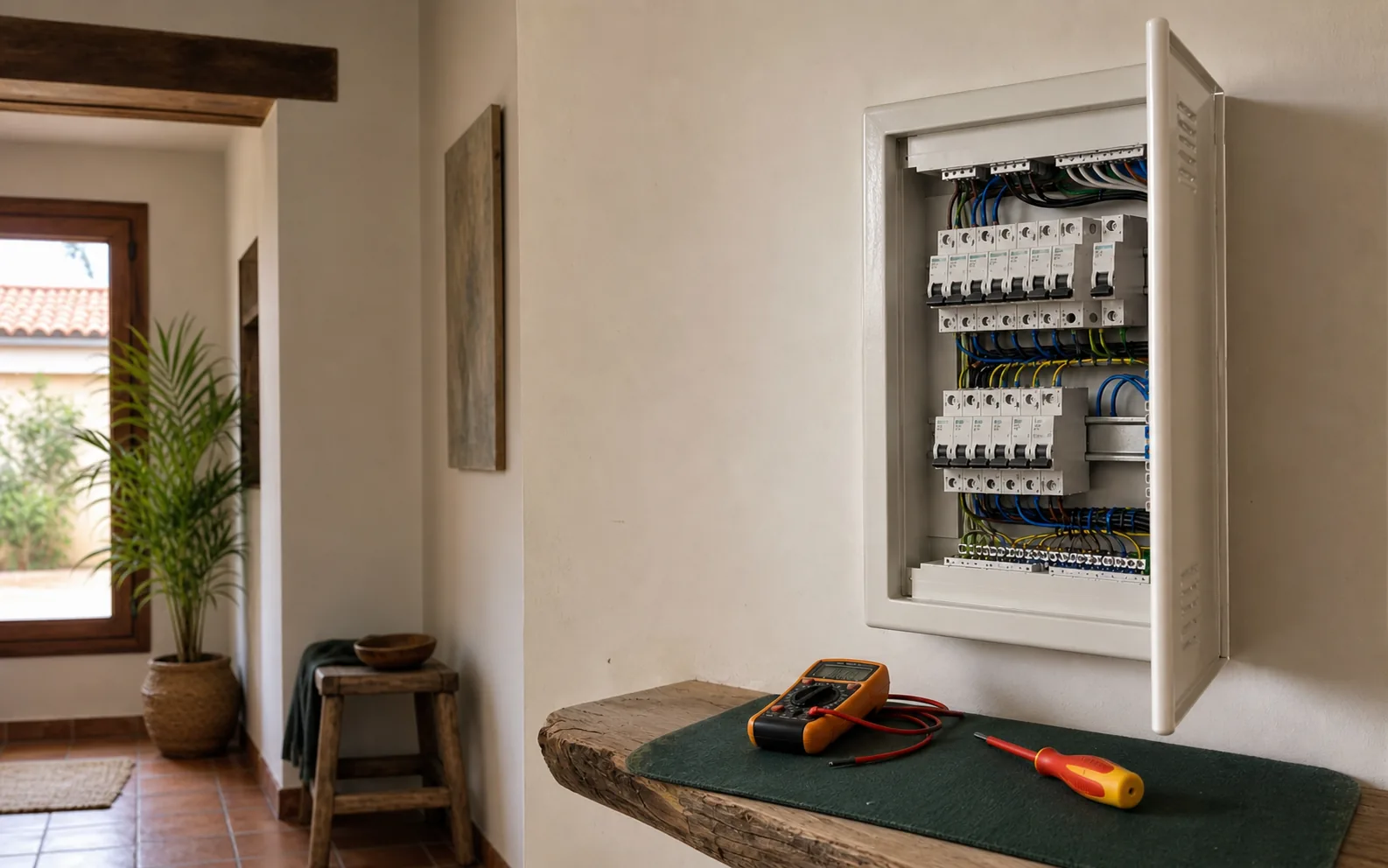 Cuadro eléctrico residencial ordenado con magnetotérmicos y diferenciales, junto a un multímetro