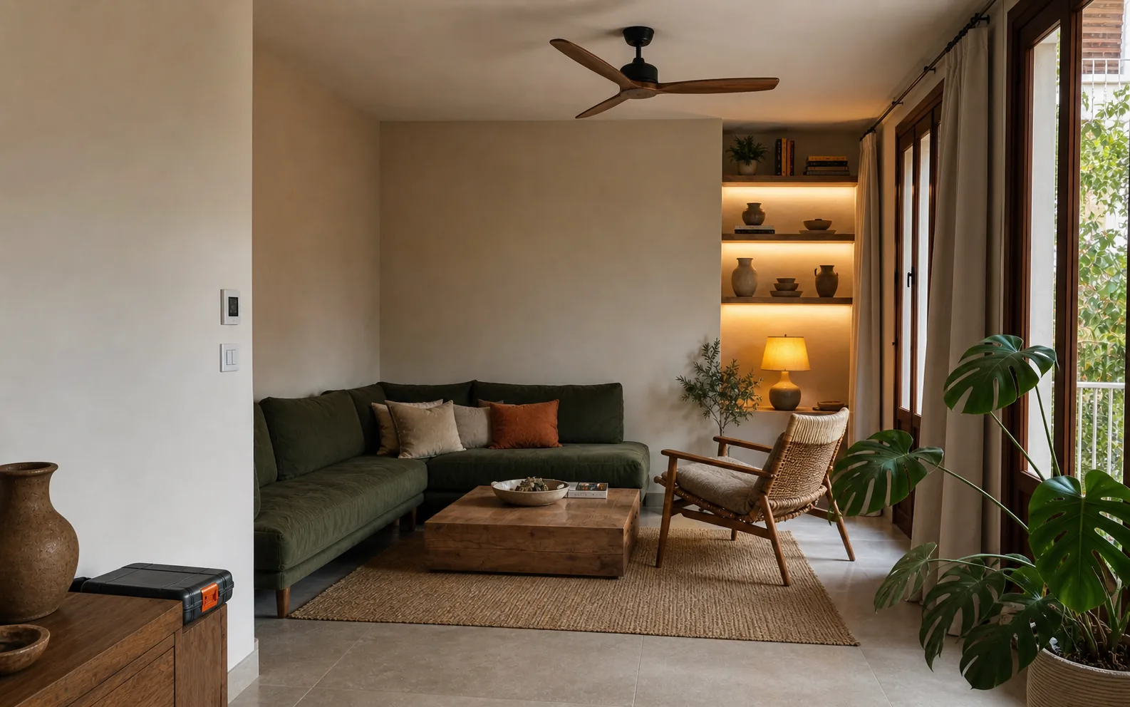 Interior de vivienda con iluminación y ventilador de techo recién instalados