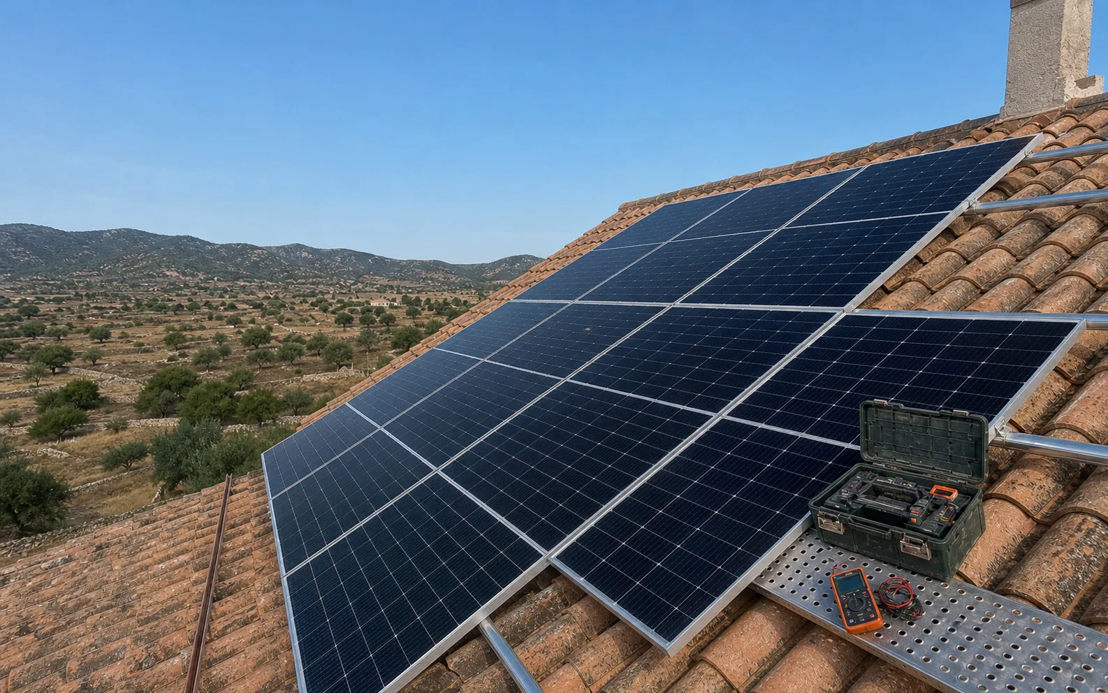 Placas solares de autoconsumo instaladas sobre un tejado de teja en un paisaje mediterráneo